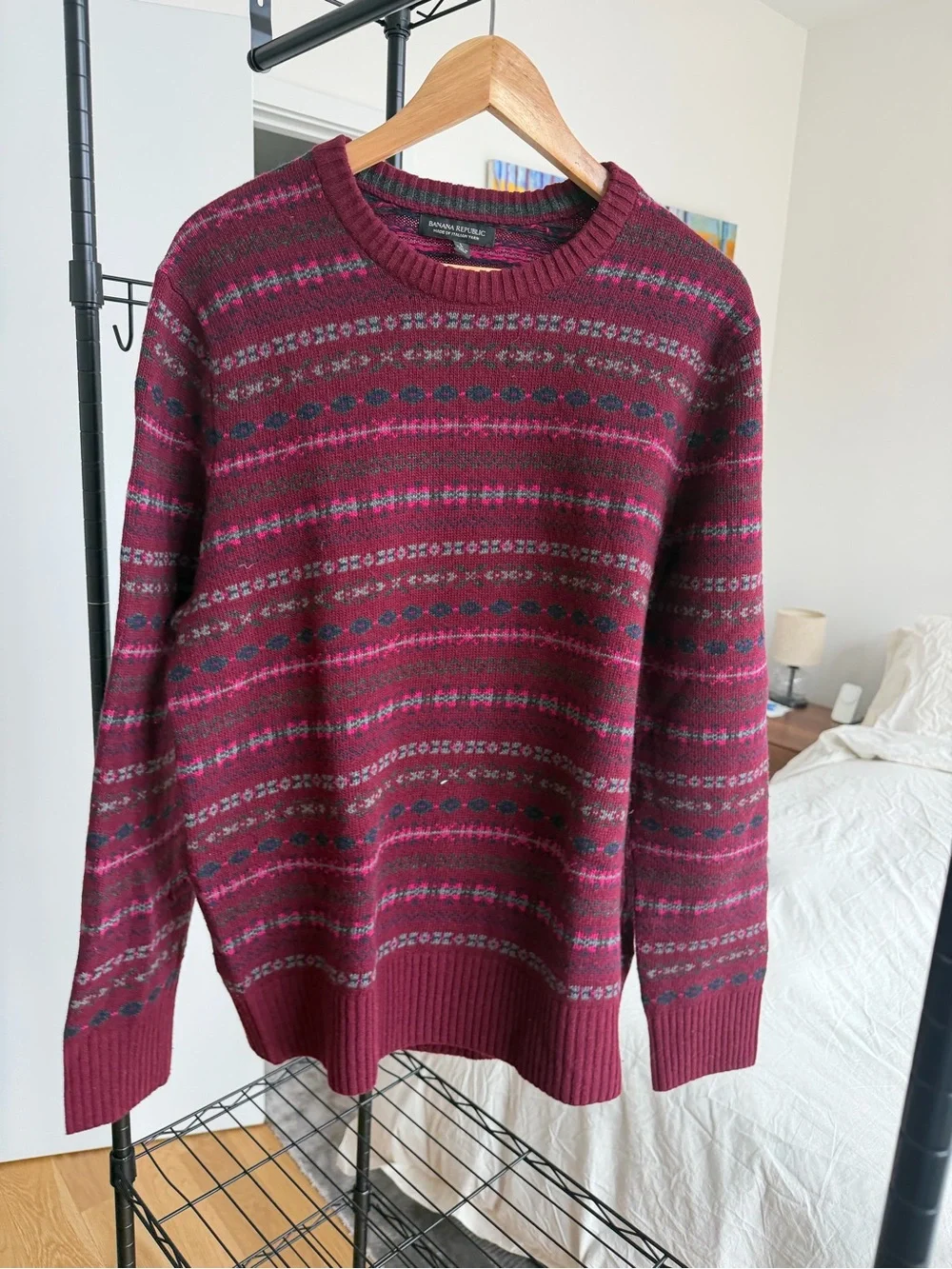 Banana Republic Men's Burgundy Fair Isle Crewneck Sweater
